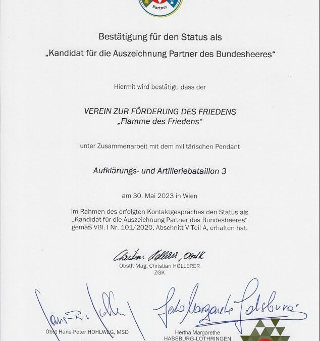 Bestätigung für den Status als “Kandidat für die Auszeichnung Partner des Bundesheeres”